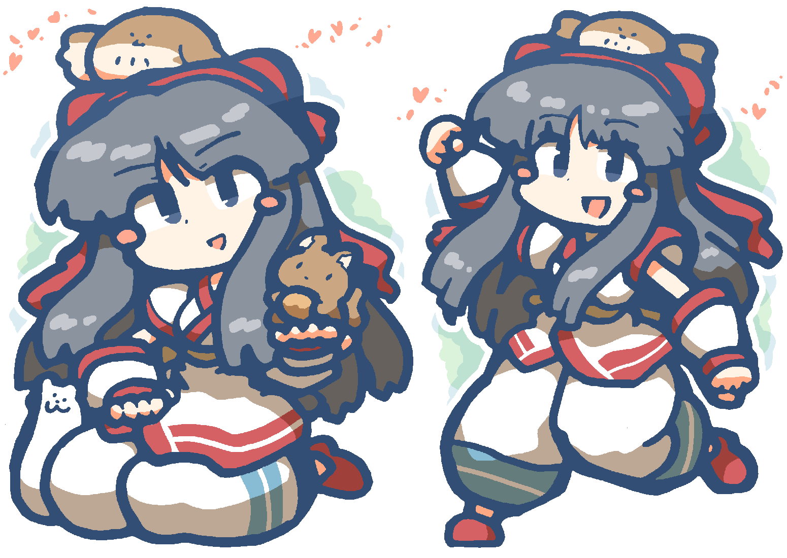 mamahaha, nakoruru, samurai spirits, snk, the king of fighters, highres, 1girl, ainu clothes, arm up, artist name, black hair, blue eyes, breasts, clenched hand, fingerless gloves, gloves, hair ribbon, hand on lap, hand on own leg, hand on own thigh, legs, long hair, looking at viewer, medium breasts, open mouth, outstretched arm, pants, ribbon, sitting, smile, squirrel, thighs, tongue