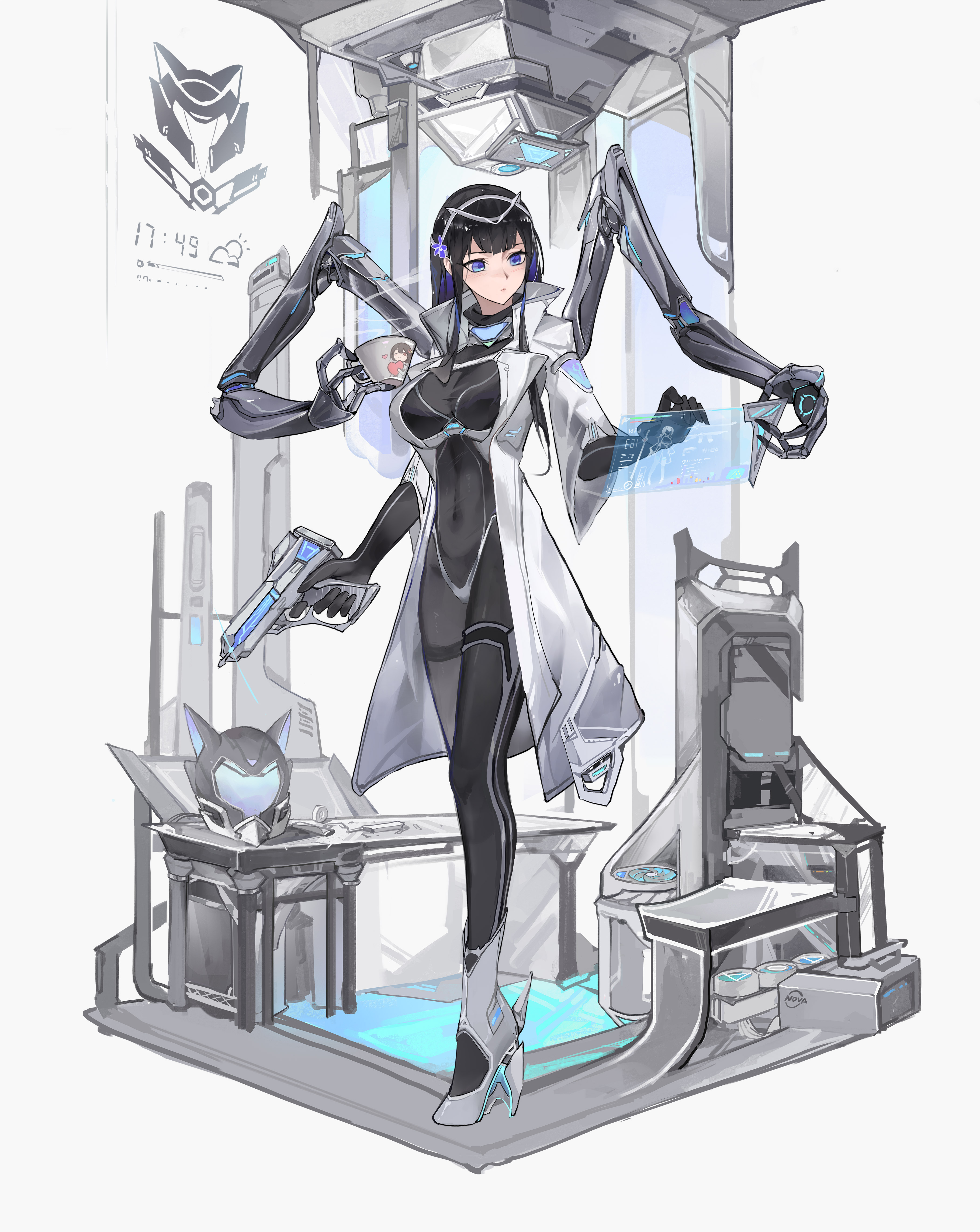 youlan, original, absurdres, commentary, english commentary, highres, 1girl, black bodysuit, black gloves, black hair, bodysuit, boots, breasts, coat, extra arms, full body, gloves, gun, high heels, holding, holding gun, holding weapon, holographic interface, lab coat, large breasts, long hair, mechanical arms, open clothes, open coat, purple eyes, science fiction, solo, techwear, weapon, white background, white boots