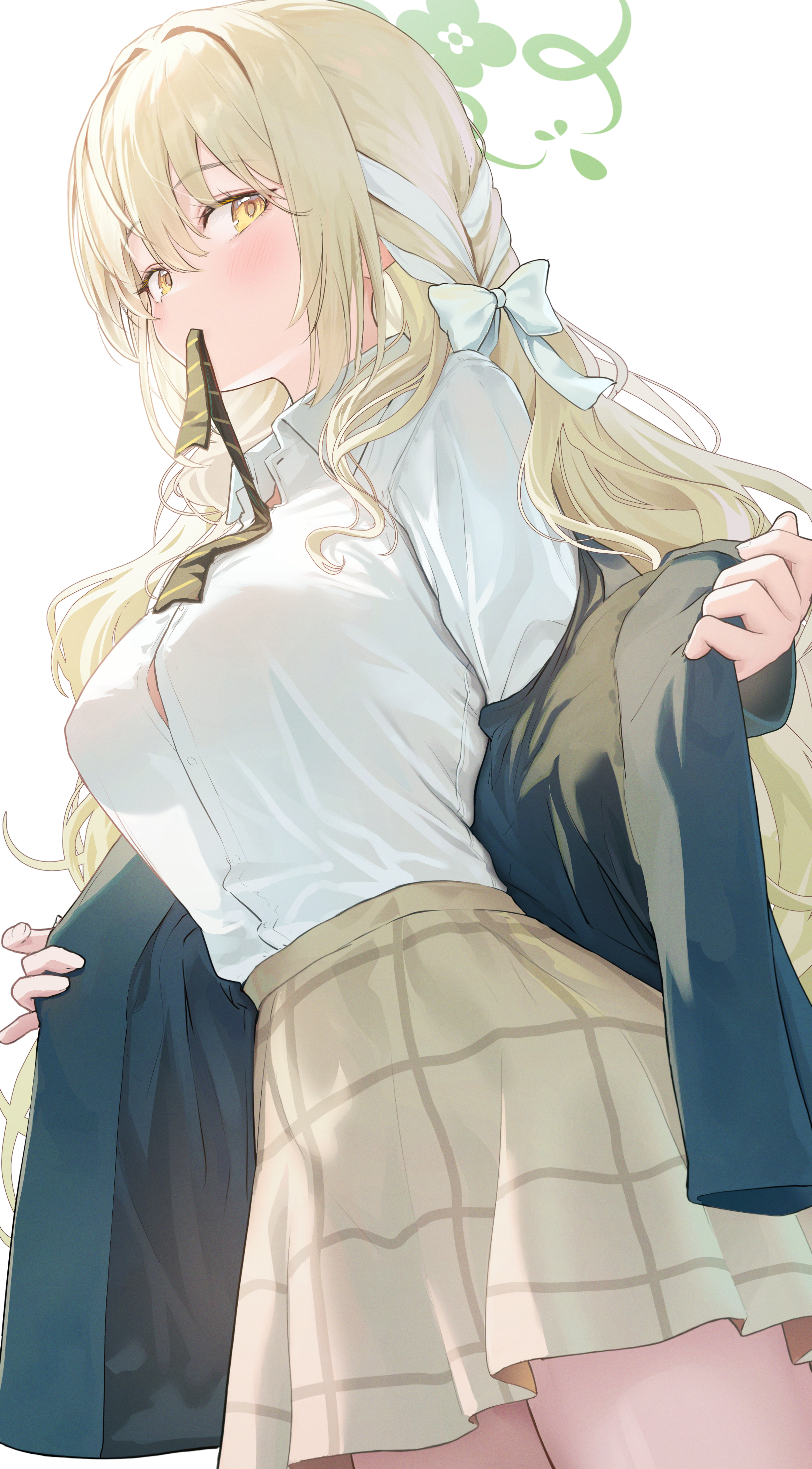 chiu538, miyo (blue archive), blue archive, absurdres, commentary request, highres, 1girl, black jacket, blazer, blonde hair, blush, bow, braid, breasts, button gap, collared shirt, green halo, hair bow, hair ribbon, halo, jacket, large breasts, long hair, looking at viewer, miniskirt, mouth hold, open clothes, open jacket, opened by self, ribbon, ribbon braid, see-through silhouette, shirt, shirt tucked in, side braids, simple background, skirt, solo, white background, white bow, white shirt, yellow eyes