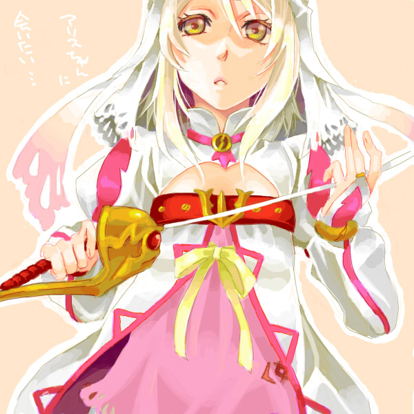 miho (mi), alice (tales), tales of (series), tales of symphonia, tales of symphonia: dawn of the new world, 00s, rapier, short hair, solo, sword, weapon, white hair, yellow eyes