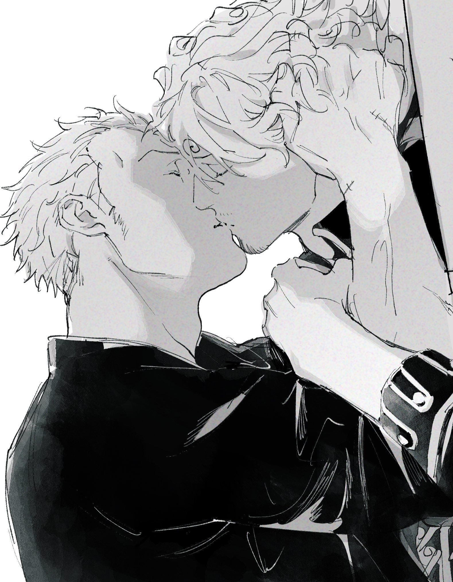 kzwtr8, roronoa zoro, sanji (one piece), one piece, highres, 2boys, adam's apple, arms up, closed eyes, curly eyebrows, facial hair, fingernails, from side, goatee, greyscale, kiss, long sleeves, male focus, monochrome, multiple boys, profile, scar, scar on hand, short hair, short sideburns, sideburns stubble, simple background, stubble, upper body, veins, veiny arms, white background, yaoi