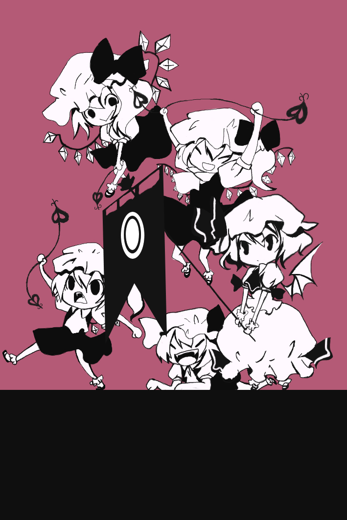 bisuko, flandre scarlet, remilia scarlet, patapon, touhou, bad id, bad pixiv id, 5girls, bat wings, clone, female focus, multiple girls, parody, siblings, sisters, wings
