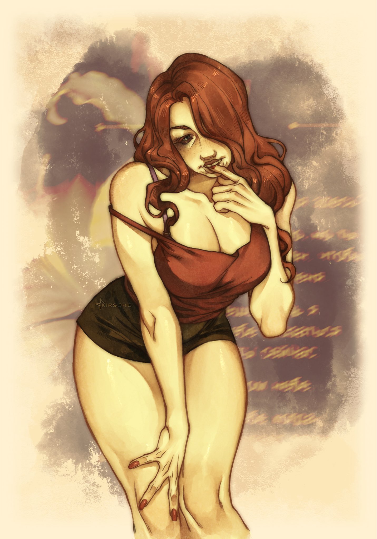no i'm not a human, highres, 1girl, biting own finger, black shorts, bra, bra strap, breasts, breasts squeezed together, hair over one eye, hand on own knee, kirsssche, large breasts, leaning forward, long hair, looking at viewer, red hair, red nails, red tank top, seductive woman (no i'm not a human), shorts, smile, solo, strap slip, tank top, thighs, tooth gap, underwear