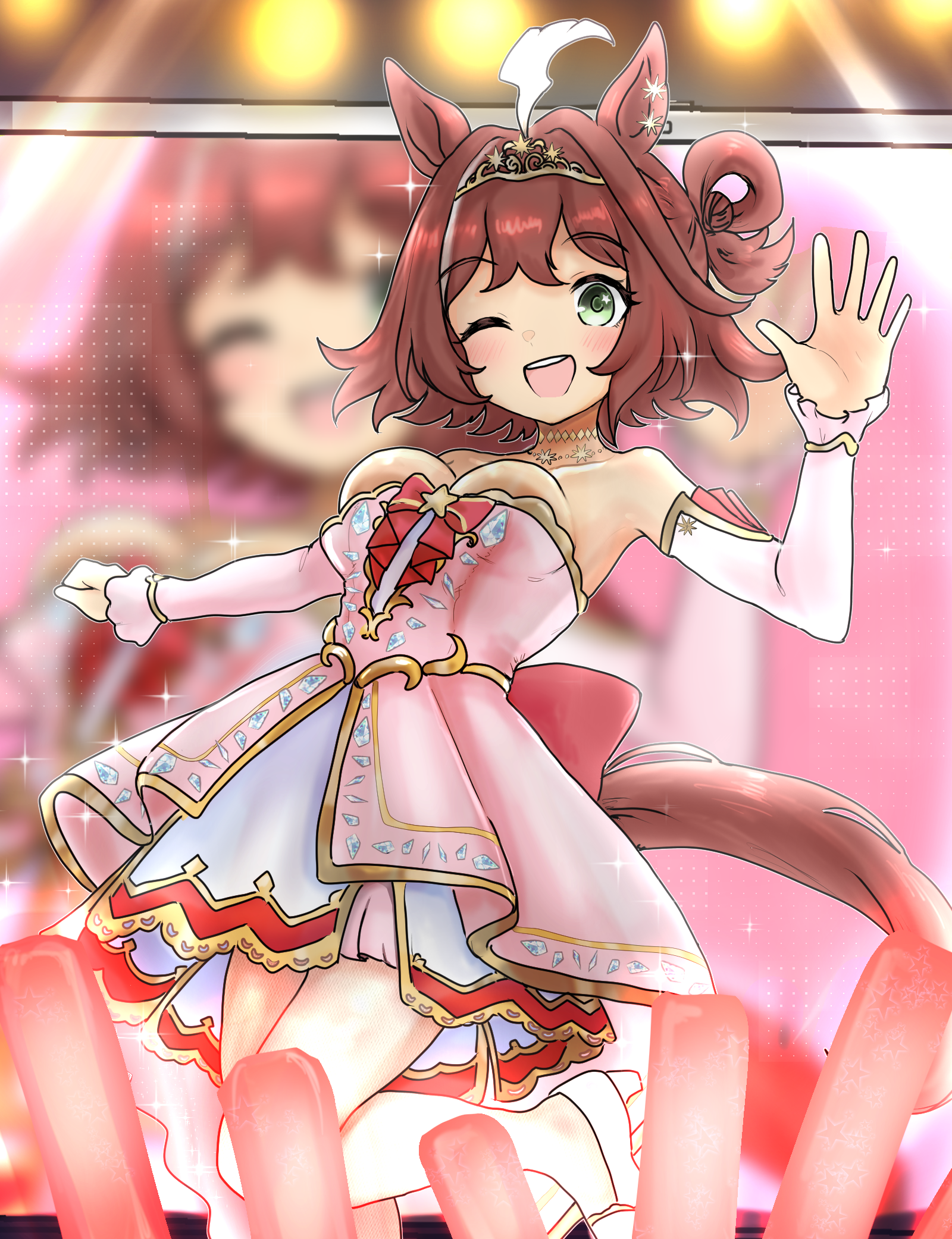 nukesaku696, rhein kraft (eternal fairytale) (umamusume), rhein kraft (umamusume), umamusume, commission, commissioner upload, highres, skeb commission, 1girl, alternate costume, animal ears, armpits, breasts, brown hair, collarbone, detached sleeves, dress, green eyes, hair between eyes, hair ornament, horse ears, horse girl, horse tail, jewelry, looking at viewer, medium breasts, medium hair, necklace, one eye closed, open mouth, solo, stage, standing, standing on one leg, tail, teeth, tiara, upper teeth only