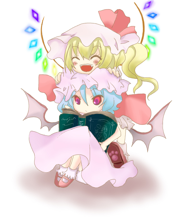 bisuko, flandre scarlet, remilia scarlet, touhou, bad id, bad pixiv id, 2girls, bat wings, book, fangs, female focus, multiple girls, open book, reading, red eyes, siblings, sisters, smile, wings