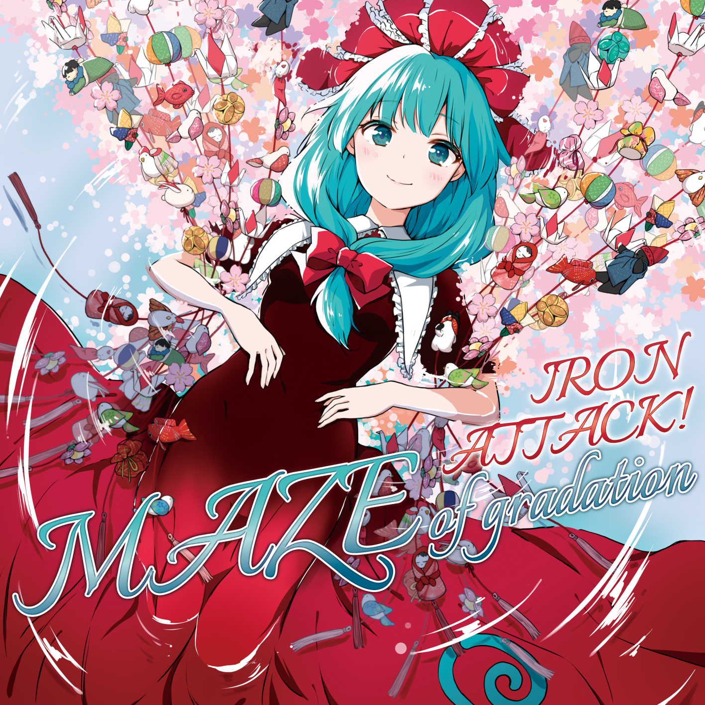 ragho no erika, kagiyama hina, iron attack!, touhou, commentary request, highres, second-party source, 1girl, afloat, album cover, album name, bird, blush, bow, breasts, cherry blossoms, circle name, closed mouth, cover, dress, english text, fish, flower, gradient clothes, gradient dress, green eyes, green hair, hair bow, long hair, looking at viewer, origami, paper crane, pink flower, red bow, red dress, ripples, short sleeves, smile, solo, water