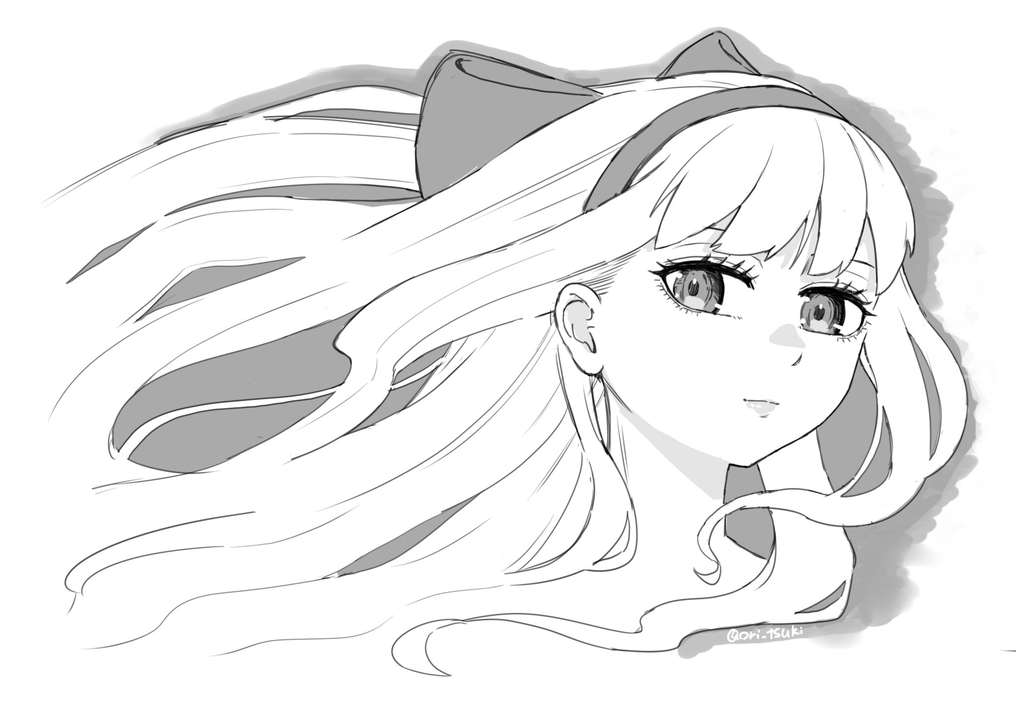 ori tsuki, nakoruru, samurai spirits, snk, the king of fighters, highres, 1girl, artist name, hair ribbon, half-closed eyes, long hair, looking at viewer, monochrome, ribbon, sketch, smile, solo