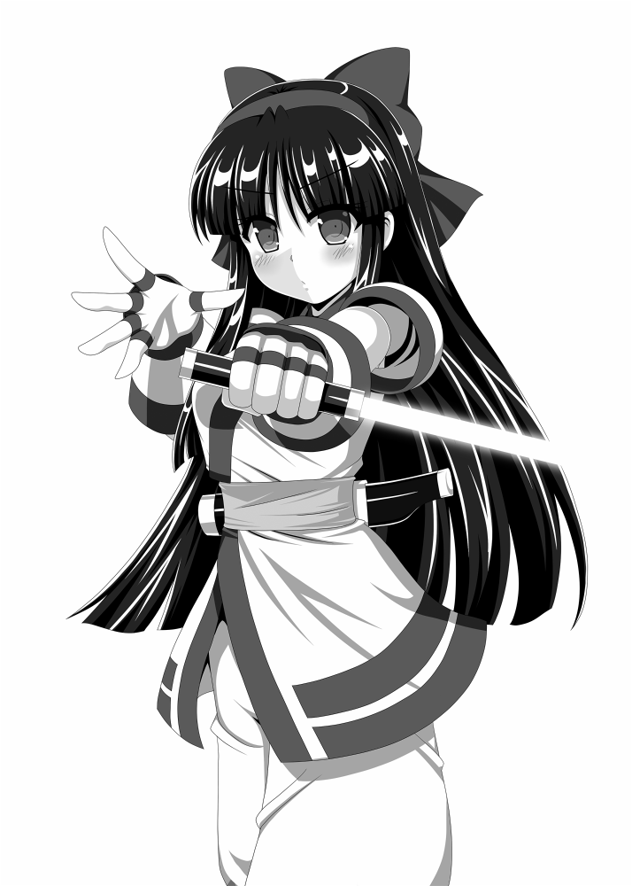 nakoruru, samurai spirits, snk, the king of fighters, highres, 1girl, ainu clothes, artist name, black hair, breasts, clenched hand, fighting stance, fingerless gloves, gloves, hair ribbon, legs, long hair, looking at viewer, medium breasts, monochrome, outstretched arm, pants, puckered lips, ribbon, serious, sketch, solo, thighs, weapon