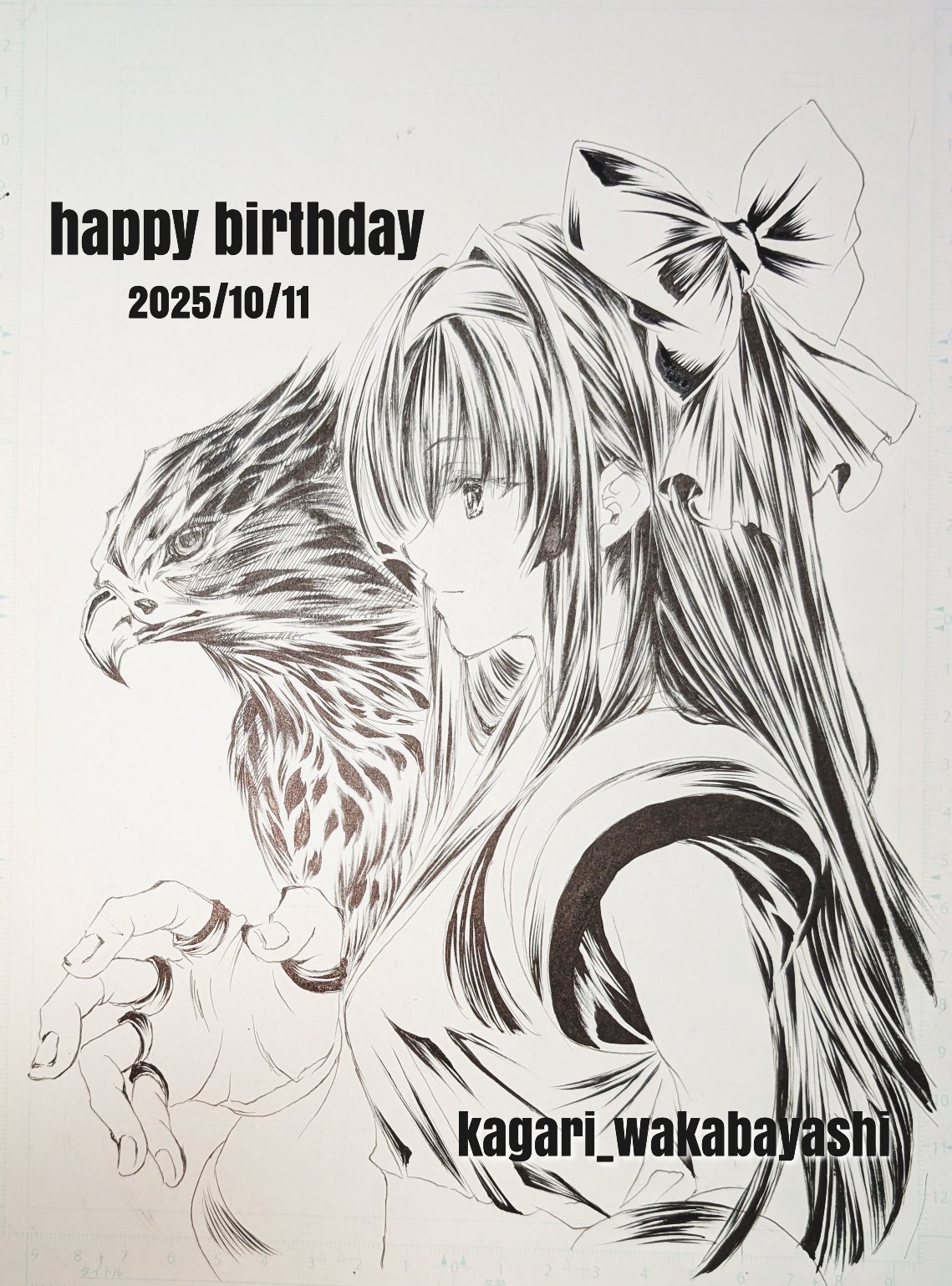 mamahaha, nakoruru, samurai spirits, snk, the king of fighters, highres, traditional media, 1girl, artist name, black hair, breasts, dated, expressionless, hair ribbon, half-closed eyes, happy birthday, long hair, medium breasts, monochrome, ribbon, sideboob, sketch