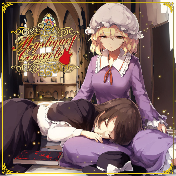 sam ashton, maribel hearn, usami renko, iron attack!, touhou, commentary request, second-party source, 2girls, album cover, album name, black hat, black skirt, blonde hair, book, bow, breasts, brown hair, circle name, closed eyes, cover, dress, english text, hat, hat bow, indoors, inset border, lap pillow, long hair, long sleeves, mob cap, multiple girls, no headwear, purple dress, shirt, sitting, skirt, sleeping, unworn hat, unworn headwear, white bow, white hat, white shirt