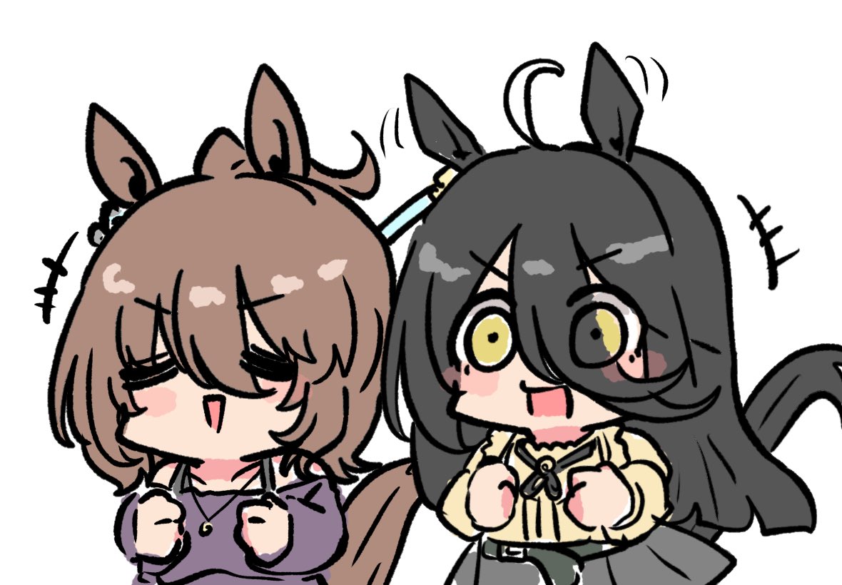 kawamochi (kawauti919), agnes tachyon (casual) (umamusume), agnes tachyon (umamusume), manhattan cafe (casual) (umamusume), manhattan cafe (umamusume), umamusume, +++, 2girls, :>, :d, ahoge, animal ears, bare shoulders, black hair, blush stickers, brown shirt, chibi, clenched hands, closed eyes, collarbone, grey skirt, hair between eyes, horse ears, horse girl, horse tail, long hair, long sleeves, multicolored hair, multiple girls, off-shoulder shirt, off shoulder, open mouth, pleated skirt, puffy long sleeves, puffy sleeves, purple shirt, shirt, simple background, skirt, smile, tail, triangle mouth, two-tone hair, very long hair, white background, white hair, yellow eyes
