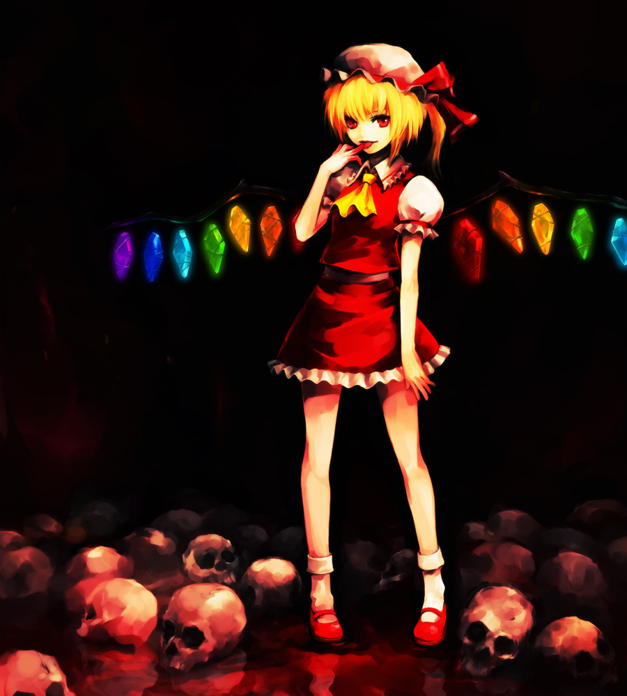 hironox, flandre scarlet, touhou, 1girl, black background, blonde hair, blood, blouse, collared shirt, female focus, full body, hat, mob cap, red eyes, red shoes, shirt, shoes, short hair, skull, socks, solo, standing, white hat, white shirt, white socks, wings