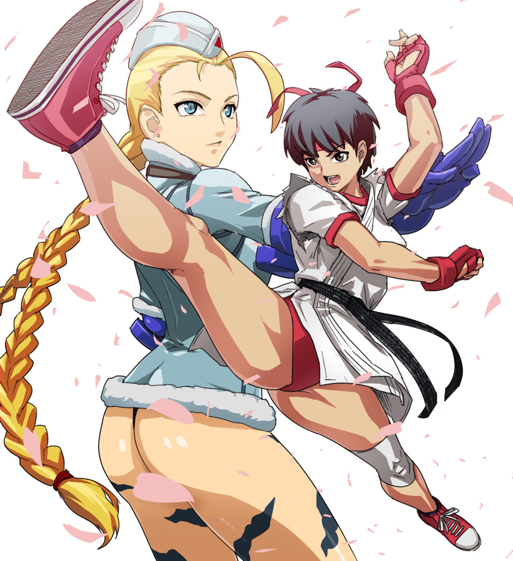 usatarou, cammy white, kasugano sakura, capcom, street fighter, street fighter iv (series), 2girls, alternate costume, ass, black hair, blonde hair, blue eyes, braid, buruma, dougi, fingerless gloves, garrison cap, gloves, hat, headband, high kick, japanese clothes, kicking, long hair, multiple girls, petals, short hair, split, standing, standing on one leg, standing split