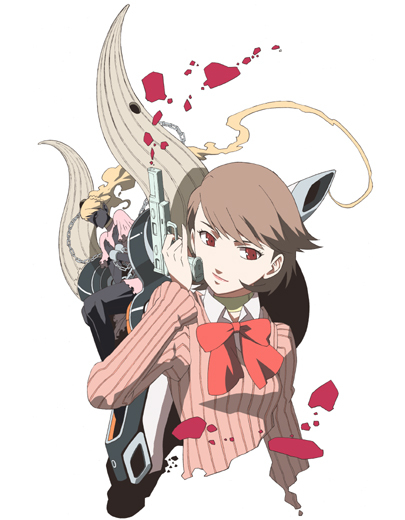 miyata ryuuichi, io (megami tensei), io (p3), takeba yukari, atlus, persona, persona 3, brown eyes, brown hair, cardigan, chain, choker, evoker, ribbon, short hair, smile