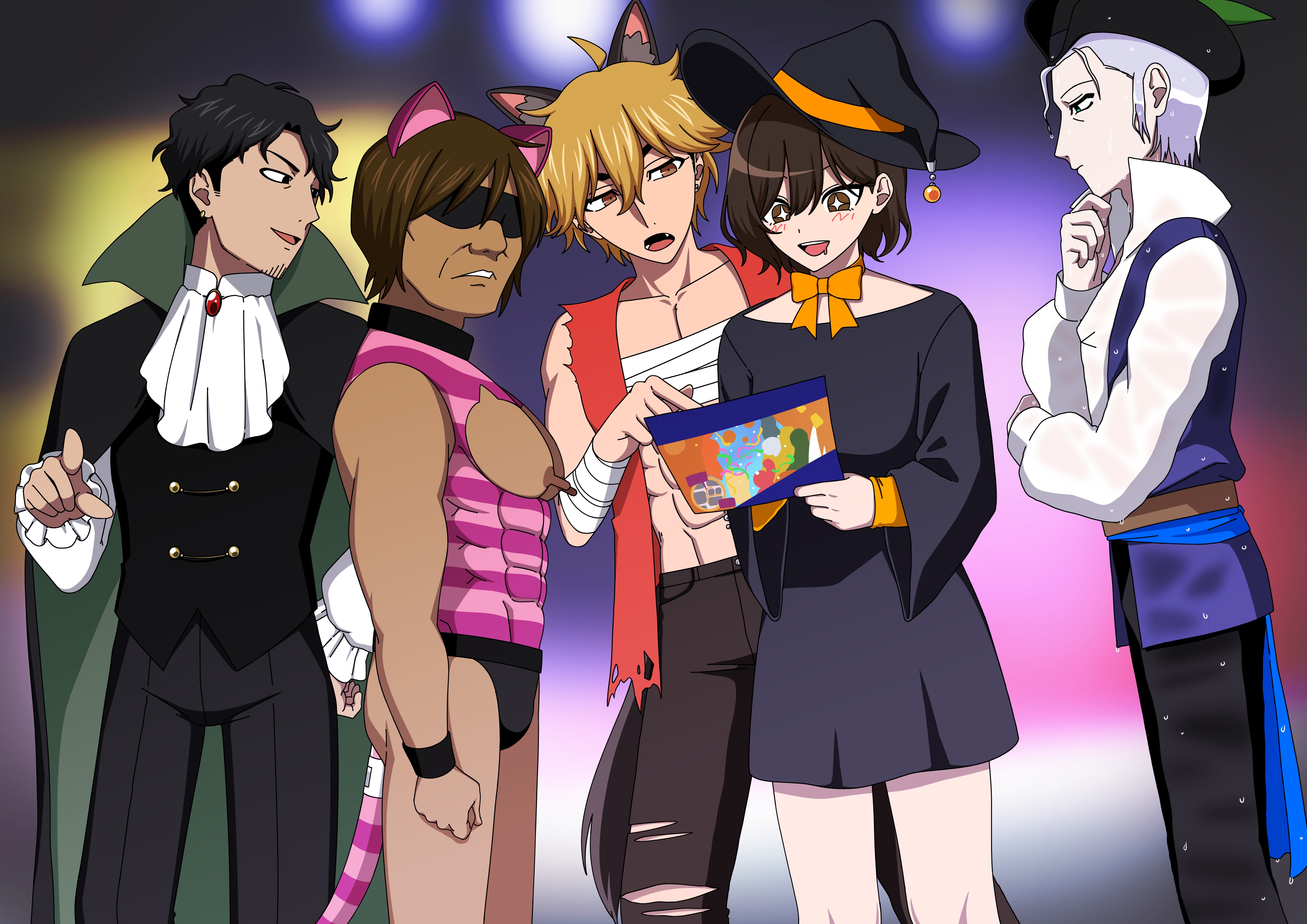 yamaimosatoimo, takuya (acceed), manatsu no yo no inmu, absurdres, character request, check gender, commentary request, copyright request, gender request, highres, + +, 1girl, 4boys, animal ears, arm wrap, ascot, black cloak, black dress, black hair, black pants, blindfold mask, blonde hair, blue eyes, blue vest, brooch, brown eyes, brown hair, cloak, dress, earrings, fang, grey hair, hair between eyes, halloween, hand on own chin, holding, jewelry, long nipples, long sleeves, manager (inmu), mask, multiple boys, muscular, muscular male, mystical high collar, open mouth, pants, pirate costume, pointing, sarashi, shirt, short hair, smile, standing, stroking own chin, torn clothes, vampire costume, vest, wet, wet clothes, white shirt, witch