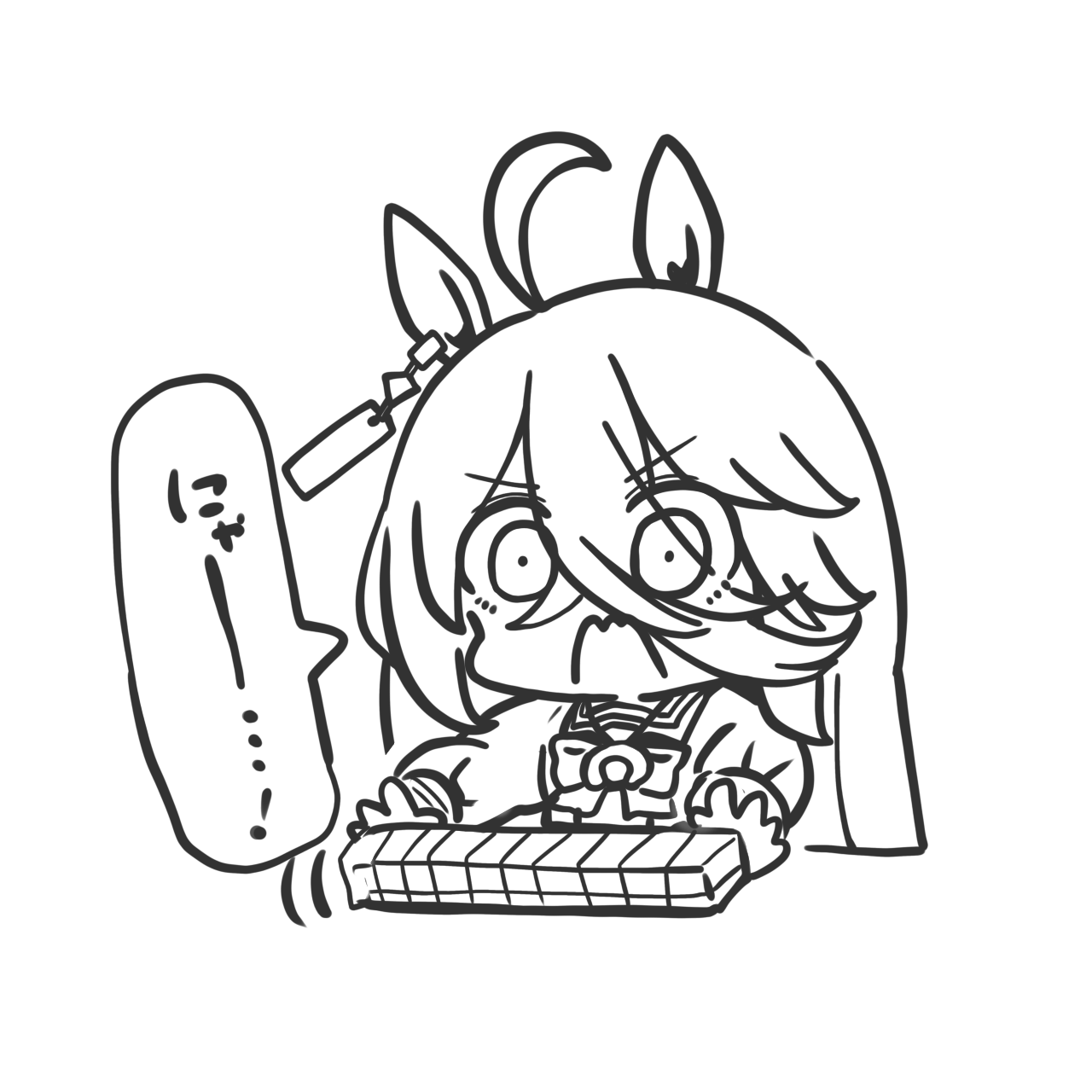 kawamochi (kawauti919), manhattan cafe (umamusume), umamusume, highres, translation request, 1girl, ahoge, animal ears, bow, greyscale, hair between eyes, horse ears, long hair, long sleeves, mahjong, mahjong tile, monochrome, open mouth, puffy long sleeves, puffy sleeves, school uniform, shirt, simple background, solo, tracen school uniform, upper body, v-shaped eyebrows, very long hair, wavy mouth, white background