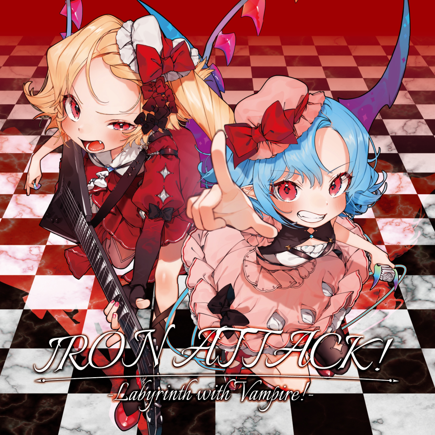 gotoh (nekocat), flandre scarlet, remilia scarlet, iron attack!, touhou, commentary request, hairstyle request, highres, second-party source, 2girls, album cover, album name, alternate costume, alternate hairstyle, bat wings, blonde hair, blue hair, blush, bow, checkered floor, circle name, cleavage cutout, clothing cutout, cover, crystal, crystal wings, dress, english text, fang, grin, guitar, hair bow, hat, hat bow, holding, holding guitar, holding instrument, holding plectrum, instrument, juliet sleeves, long hair, long sleeves, looking at viewer, mob cap, multiple girls, multiple hair bows, open mouth, pink dress, pink hat, plectrum, pointing, pointing at viewer, pointy ears, puffy sleeves, red bow, red dress, red eyes, red nails, red shoes, shoes, siblings, sisters, smile, white hat, wings