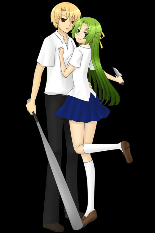 houjou satoshi, sonozaki shion, higurashi no naku koro ni, 00s, 1boy, 1girl, baseball bat, blonde hair, couple, green eyes, green hair, half updo, hetero, knife, long hair, red eyes, ribbon, school uniform, short hair, simple background, smile, yandere