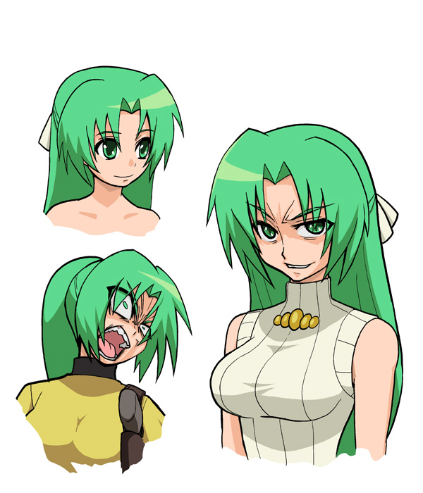 isako rokurou, sonozaki mion, sonozaki shion, higurashi no naku koro ni, 1girl, angry, cosplay, crazy, green eyes, green hair, half updo, long hair, multiple views, ponytail, ribbon, siblings, sisters, smile, sonozaki mion (cosplay), twins, yandere