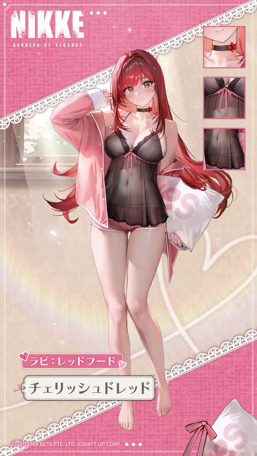 rapi (nikke), rapi (red hood) (cherished red), rapi (red hood) (nikke), goddess of victory: nikke, animated, audible speech, highres, japanese audio, sound, tagme, video, 1girl, babydoll, bare shoulders, barefoot, black babydoll, black choker, blush, bouncing breasts, breasts, choker, cleavage, jacket, large breasts, long hair, long sleeves, looking at viewer, off shoulder, pink jacket, pink shorts, red eyes, red hair, ryona, short shorts, shorts, solo, standing, thighs, wide hips