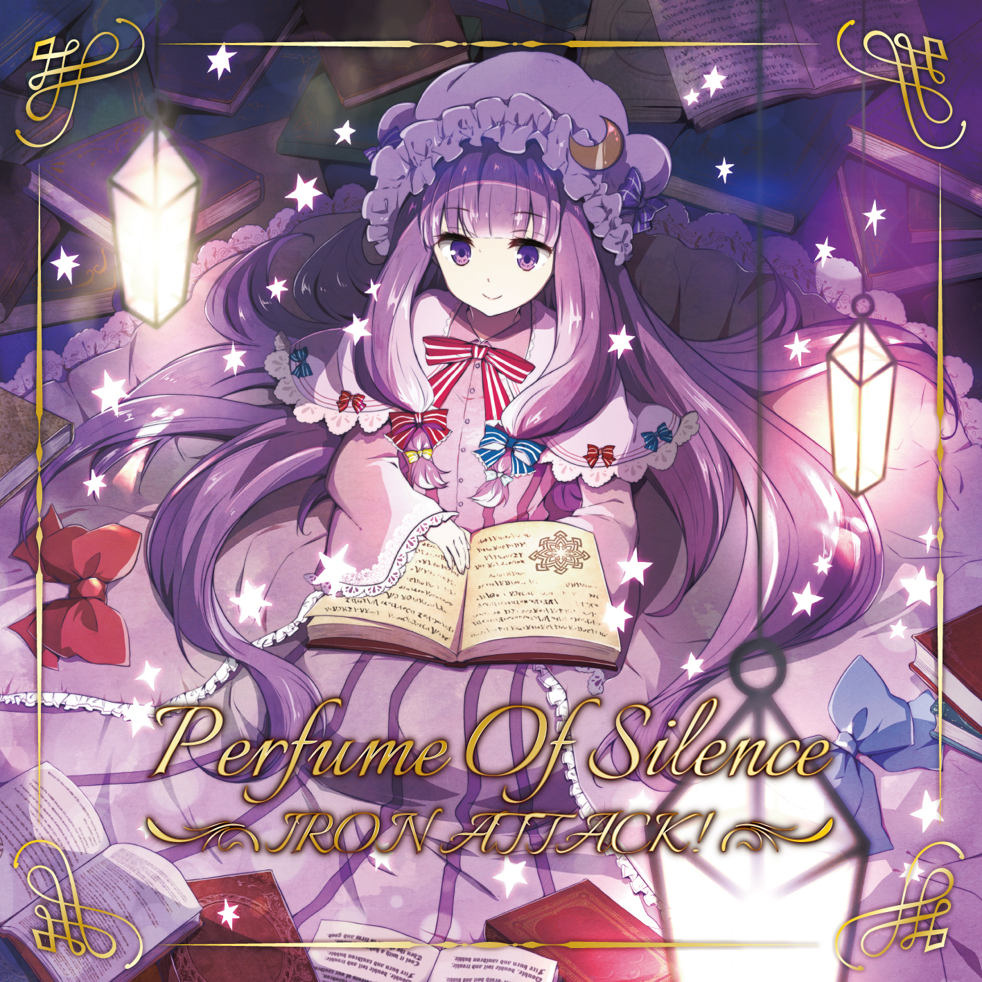 ragho no erika, patchouli knowledge, iron attack!, touhou, commentary request, highres, second-party source, 1girl, album cover, album name, book, bow, bowtie, capelet, circle name, closed mouth, cover, crescent, crescent hat ornament, dress, english text, hat, hat ornament, inset border, long hair, mob cap, open book, pink capelet, pink dress, pink hat, purple eyes, purple hair, reading, red bow, red bowtie, smile, solo, star (symbol), striped clothes, striped dress, vertical-striped clothes, vertical-striped dress, very long hair