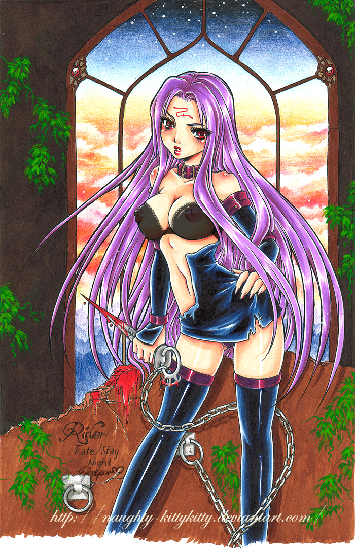 medusa (fate), medusa (rider) (fate), fate/stay night, fate (series), traditional media, 00s, 1girl, blood, bra, breasts, chain, female focus, large breasts, lingerie, long hair, midriff, purple hair, red eyes, see-through clothes, solo, torn clothes, underwear, very long hair