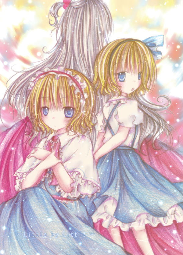 kasuga sunao, alice margatroid, alice margatroid (pc-98), shinki (touhou), mystic square, touhou, touhou (pc-98), silver hair, 3girls, blonde hair, blue eyes, female focus, hairband, long hair, multiple girls, ribbon, side ponytail, time paradox
