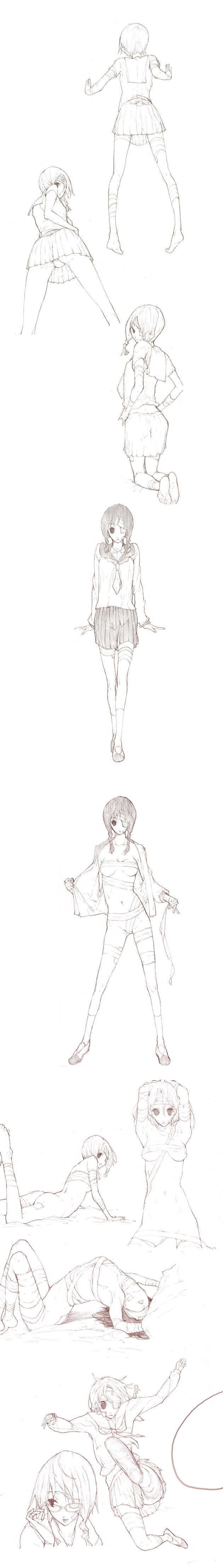 mercre, kobushi abiru, sayonara zetsubou sensei, absurdres, bad id, bad pixiv id, highres, long image, tall image, 00s, 1girl, :p, arched back, ass, bandage over one eye, bandages, barefoot, black eyes, black hair, blindfold, braid, breasts, eyepatch, feet, glasses, greyscale, kicking, kneeling, looking back, lying, midriff, monochrome, panties, school uniform, serafuku, sideboob, skirt, socks, soles, tongue, tongue out, twin braids, underwear, undressing, upskirt