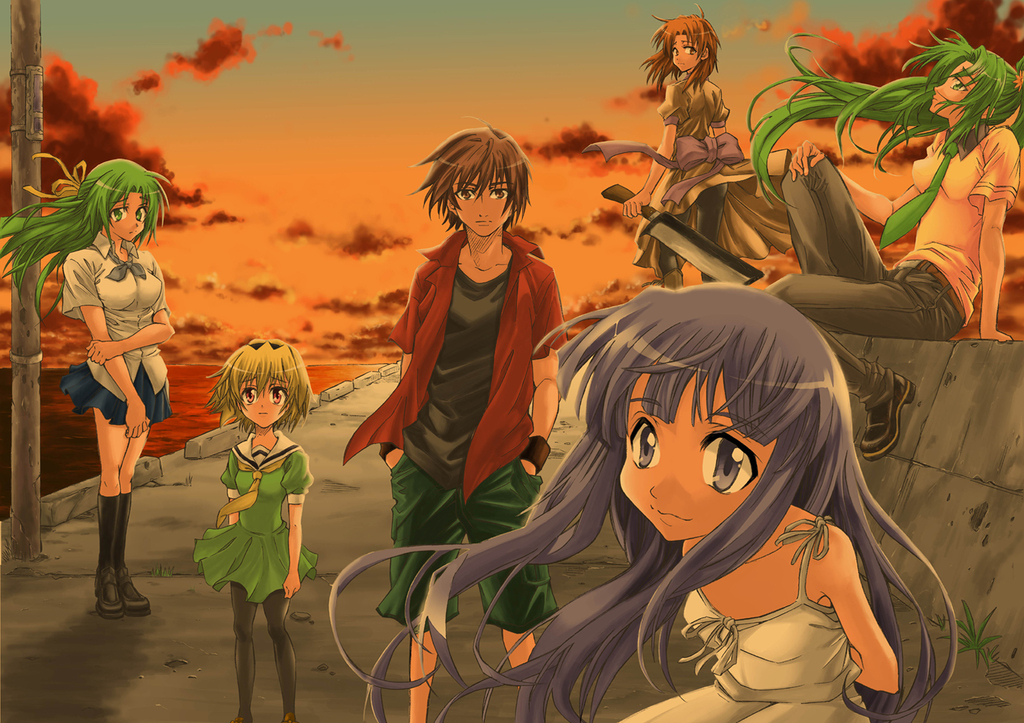 a24, furude rika, houjou satoko, maebara keiichi, ryuuguu rena, sonozaki mion, sonozaki shion, higurashi no naku koro ni, md5 mismatch, resolution mismatch, source larger, 00s, 1boy, 5girls, billhook, blonde hair, blue eyes, blue hair, brown eyes, brown hair, denim, dress, green eyes, green hair, hairband, half updo, hashitsuki nata, hatchet, jeans, long hair, multiple girls, nata (tool), necktie, orange eyes, orange hair, pants, pantyhose, ponytail, ribbon, sailor dress, school uniform, siblings, sisters, twins