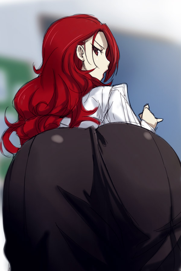 michael f91, kirijou mitsuru, atlus, persona, persona 3, 1girl, angry, ass, ass focus, bent over, blouse, close-up, female focus, from behind, hip focus, huge ass, long hair, looking at viewer, looking back, open mouth, red eyes, red hair, shirt, skirt, solo, wavy hair, white shirt, wide hips