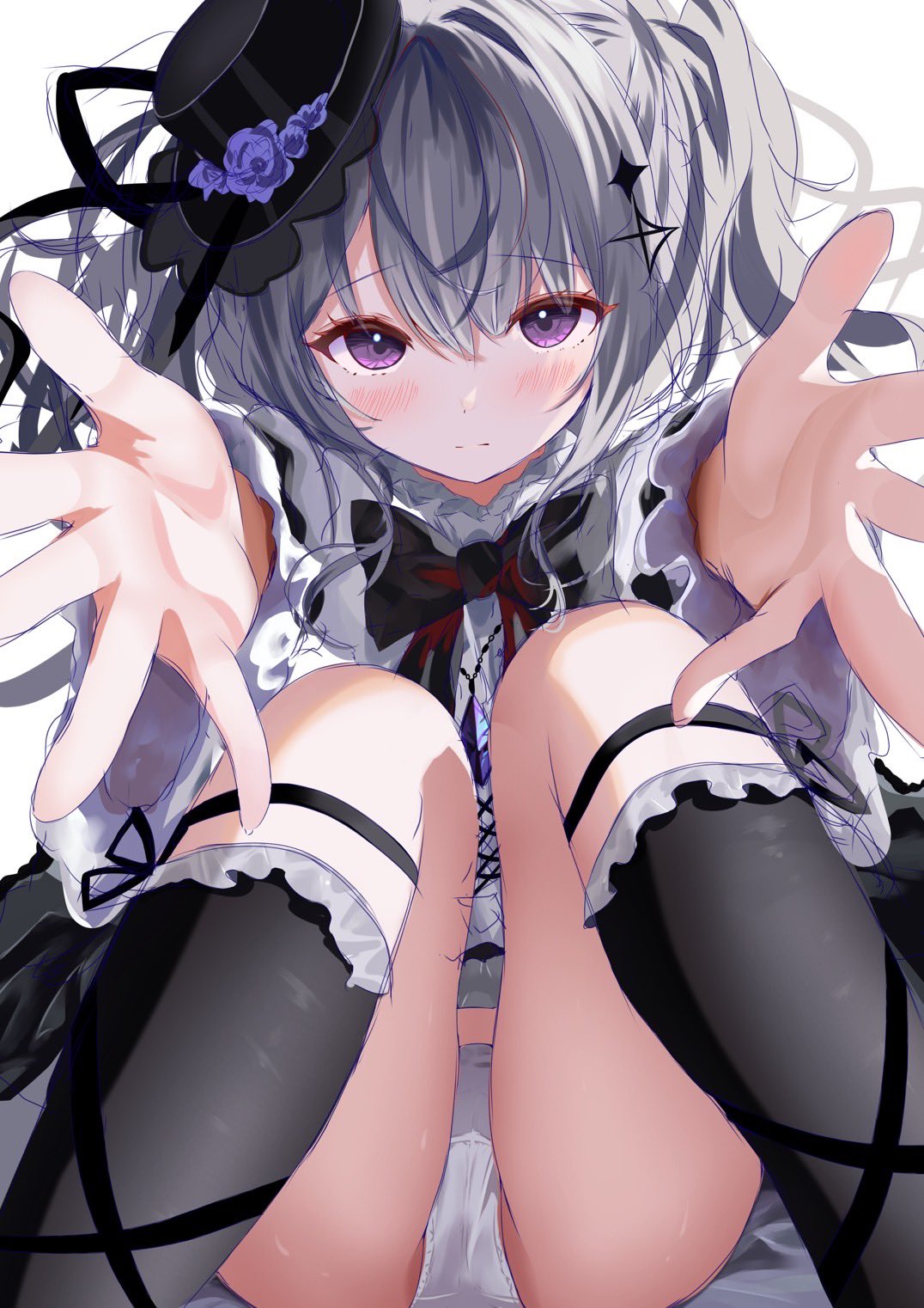 muaa (muamua231), acid (maimai), maimai (game), highres, 1girl, black socks, blush, bow, frilled socks, frills, gothic lolita, grey hair, hair between eyes, hat, kneehighs, lolita fashion, long hair, looking at viewer, mini hat, panties, purple eyes, reaching, reaching towards viewer, sitting, socks, solo, top hat, twintails, underwear, white background, white panties