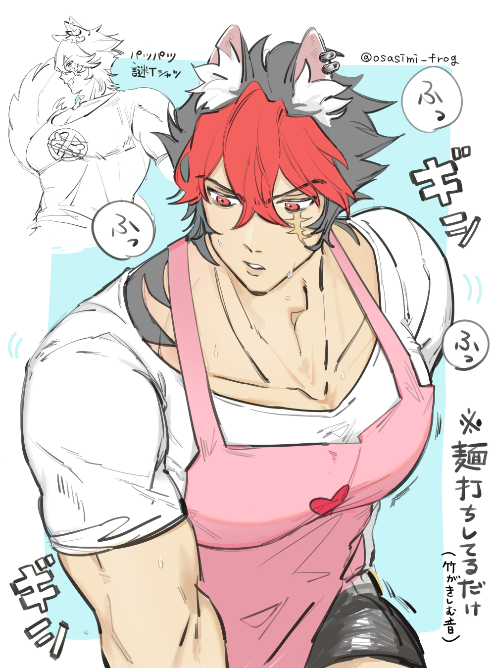 komano manato, zenless zone zero, commentary request, highres, translation request, 1boy, animal ear fluff, animal ear piercing, animal ears, apron, bara, black hair, black shorts, crew neck, facial scar, heart, male focus, multicolored hair, multiple views, open mouth, osasimi frog, parted lips, pink apron, red eyes, red hair, scar, scar on cheek, scar on face, shirt, shorts, t-shirt, tail, twitter username, two-tone hair