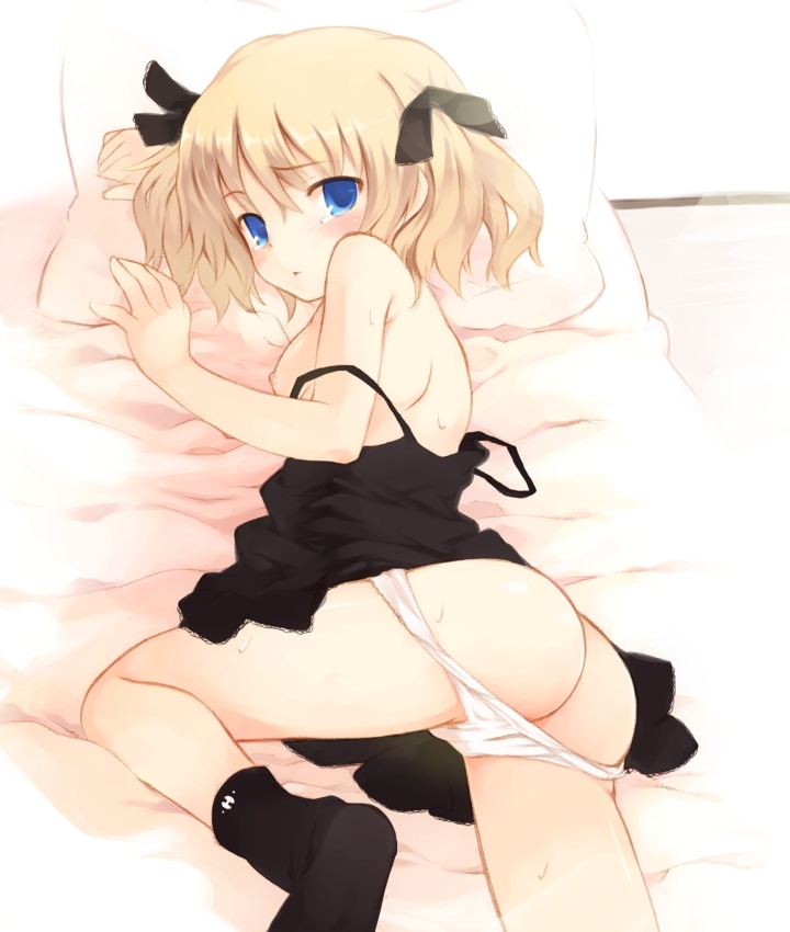 kurasuke, 1girl, :<, ass, bed, black socks, blonde hair, blush, breasts, female focus, hair ribbon, legs, looking at viewer, looking back, lying, nipples, off shoulder, panties, panty pull, ribbon, short hair, socks, solo, strap slip, sweat, tears, twintails, underwear, white panties