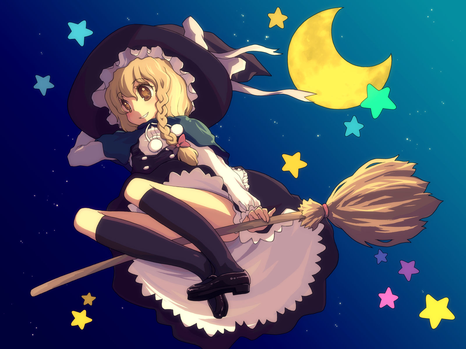 kimarin, kirisame marisa, touhou, highres, 1girl, blonde hair, braid, broom, broom riding, brown eyes, female focus, happy, hat, kneehighs, moon, night, sidesaddle, socks, solo, star (symbol), witch, witch hat