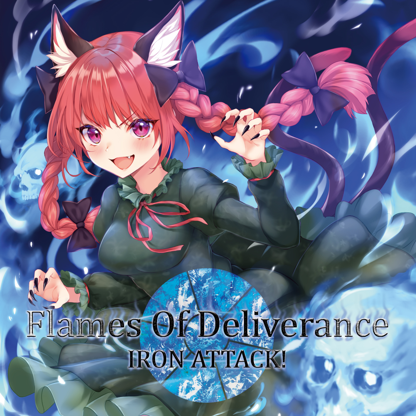 sukemyon, kaenbyou rin, iron attack!, touhou, commentary request, highres, second-party source, 1girl, album cover, album name, animal ear fluff, animal ears, black bow, black nails, blue fire, blush, bow, braid, breasts, cat ears, cat tail, circle name, claw pose, cover, dress, english text, fingernails, fire, flaming skull, floating skull, green dress, hair bow, juliet sleeves, long fingernails, long hair, long sleeves, looking at viewer, multiple hair bows, multiple tails, neck ribbon, nekomata, open mouth, puffy sleeves, red eyes, red hair, red ribbon, ribbon, sharp fingernails, skull, smile, solo, tail, twin braids, two tails