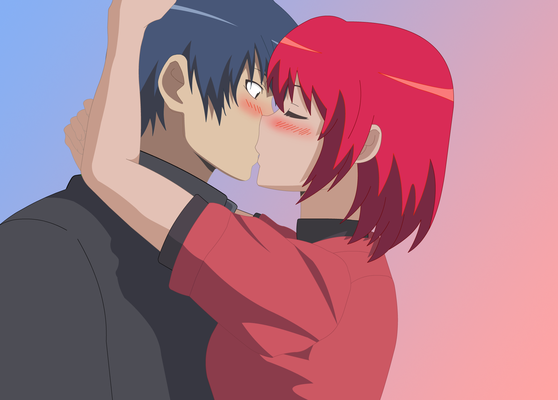 kushieda minori, takasu ryuuji, toradora!, derivative work, highres, vector trace, 00s, 1boy, 1girl, baseball uniform, blush, couple, gym uniform, hetero, hug, kiss, school uniform, sportswear