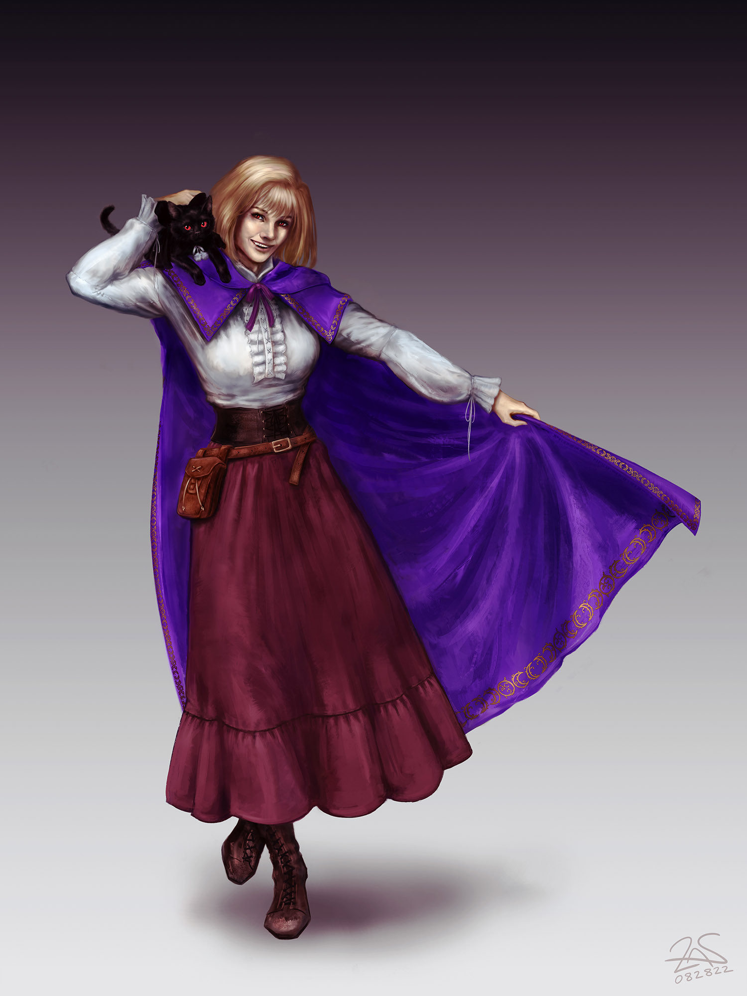 arcueid brunestud, len (cat) (tsukihime), len (tsukihime), tsukihime, highres, 1girl, alternate costume, animal, animal on shoulder, black cat, black ribbon, blonde hair, breasts, brown corset, brown shoes, cape, cat, cat on shoulder, corset, large breasts, long skirt, long sleeves, looking at viewer, pom pom (clothes), purple cape, realistic, red eyes, red skirt, ribbon, shirt, shoes, short hair, skirt, smile, solo, white shirt, zandria ann sturgill