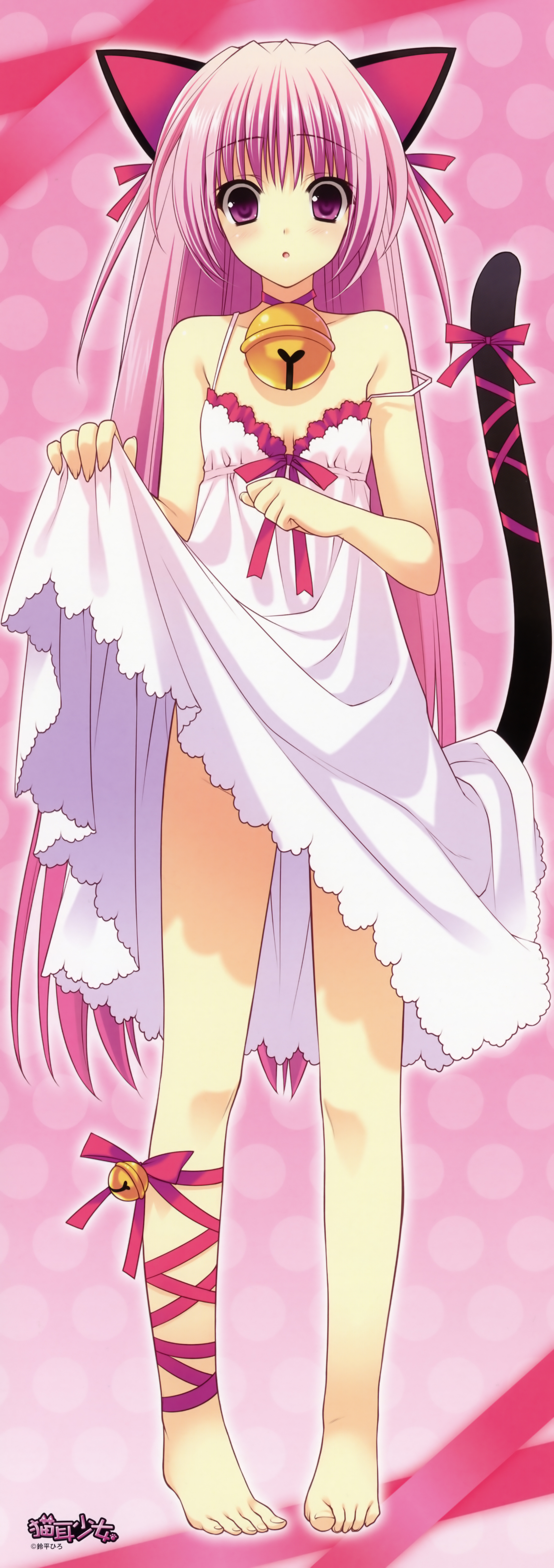 suzuhira hiro, absurdres, highres, long image, tall image, animal ears, barefoot, bell, cat ears, cat tail, dress, feet, no panties, pink eyes, pink hair, solo, strap slip, tail