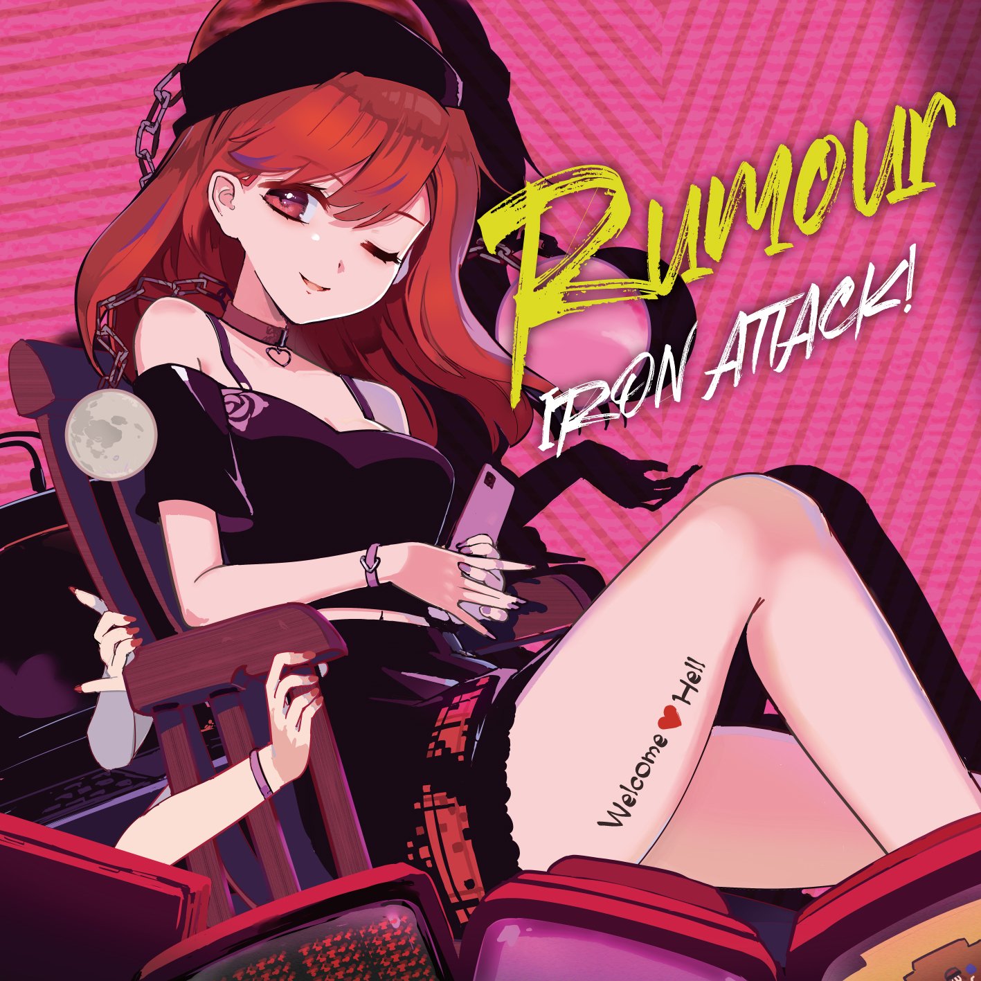 puuakachan, hecatia lapislazuli, iron attack!, commentary request, highres, second-party source, 1girl, album cover, album name, alternate costume, black shirt, black skirt, body writing, breasts, chain, choker, circle name, cleavage, cover, english text, heart, long hair, looking at viewer, moon (ornament), open mouth, purple nails, red eyes, red hair, shirt, skirt, smile, solo, thighs, underworld (ornament)
