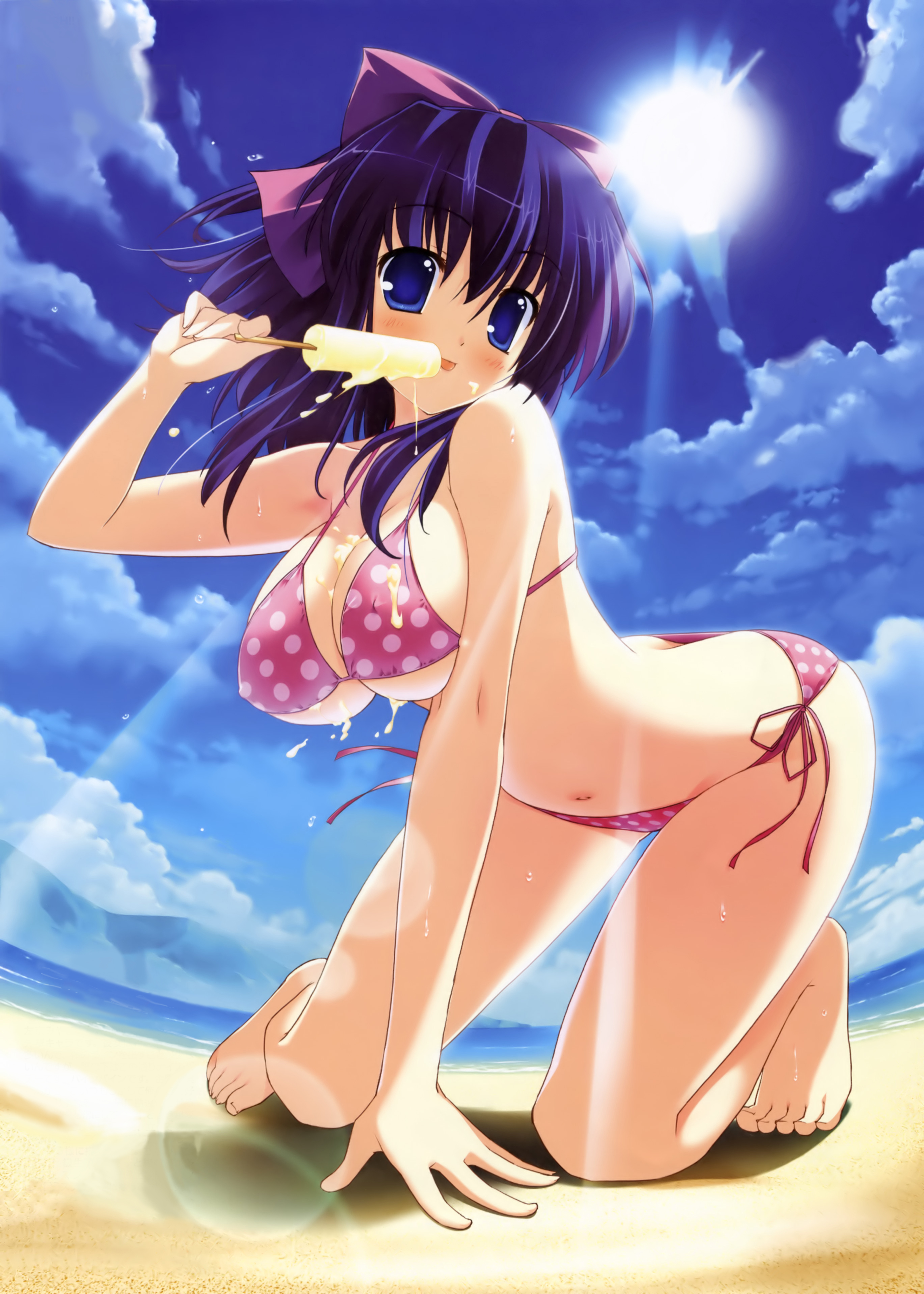 itou life, sakyou miyako, marginal skip, absurdres, highres, scan, 1girl, barefoot, beach, bikini, blue eyes, blush, bow, breasts, cleavage, cloud, covered erect nipples, day, female focus, food, hair bow, large breasts, outdoors, pink bikini, pinup (style), polka dot, polka dot bikini, polka dot swimsuit, popsicle, purple hair, sexually suggestive, short hair, side-tie bikini bottom, sky, solo, swimsuit, text focus, tongue, water