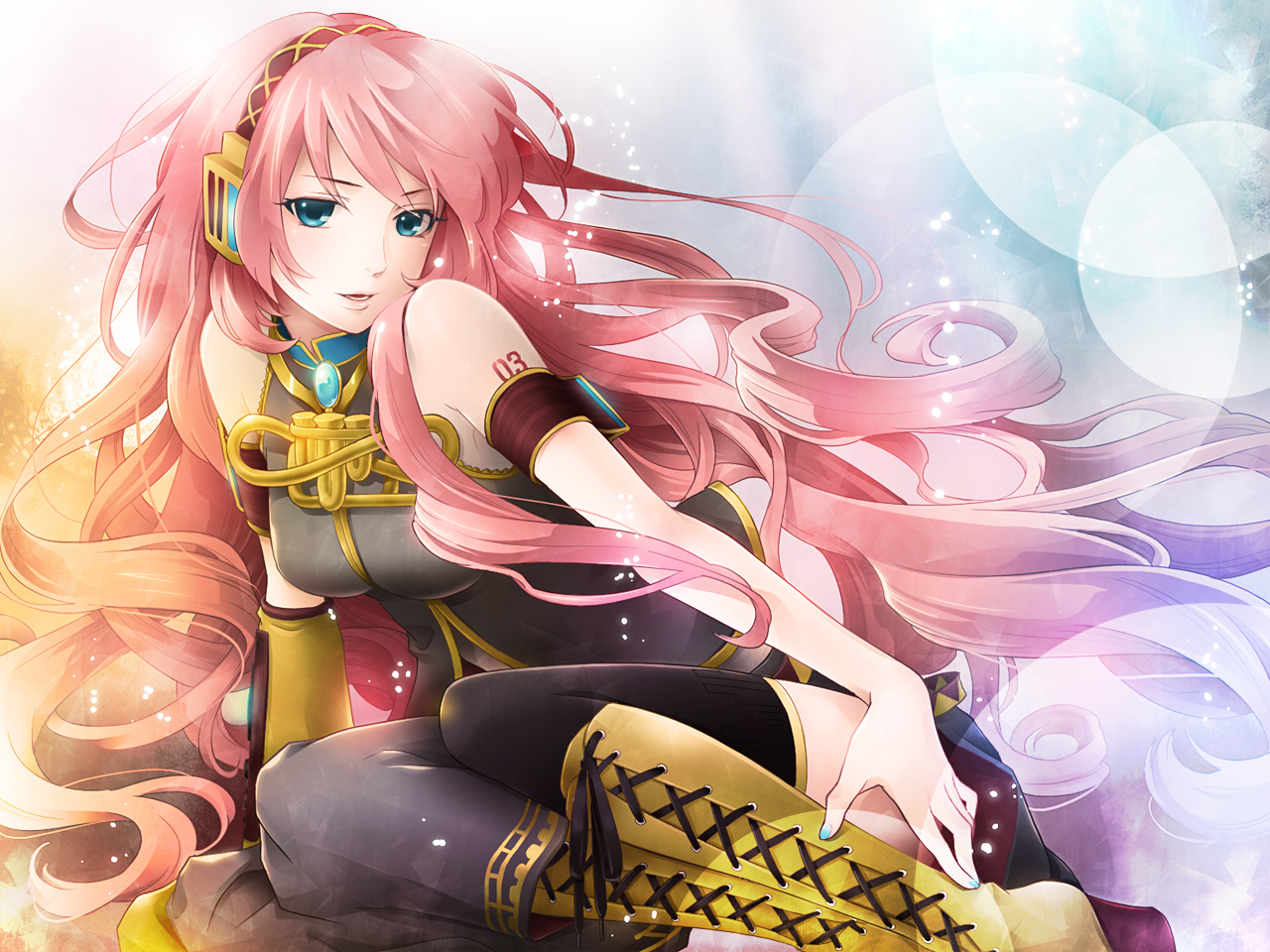 koyama kariko, megurine luka, vocaloid, 1girl, blue eyes, blue nails, boots, female focus, headphones, long hair, nail polish, pink hair, skirt, solo, thighhighs