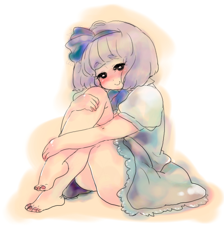 asae, asae (apricot), konpaku youmu, touhou, silver hair, bad id, bad pixiv id, 1girl, bad anatomy, bad feet, barefoot, blush, feet, female focus, hair ribbon, poorly drawn, ribbon, solo