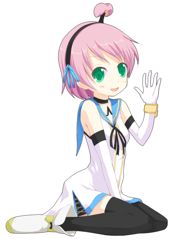 kuro (be ok), kanonno earhart, alfa system, tales of (series), tales of the world, tales of the world radiant mythology, black neckwear, 1girl, blue sailor collar, elbow gloves, female focus, gloves, green eyes, kneeling, pink hair, sailor collar, short hair, solo, thighhighs, waving