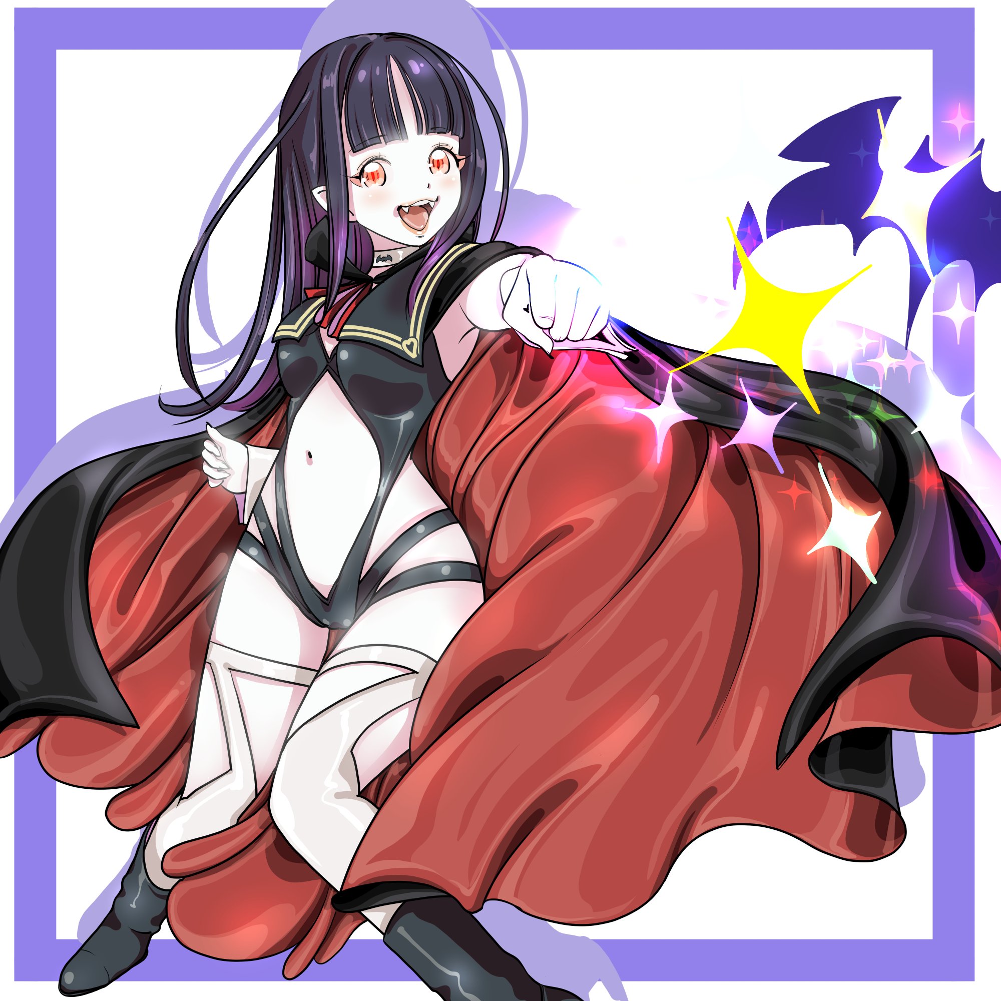 nakoruru, samurai spirits, snk, snk heroines: tag team frenzy, the king of fighters, highres, 1girl, artist name, bikini, black hair, breasts, cape, clenched hand, fangs, gloves, large breasts, long hair, looking at viewer, navel, official alternate costume, one-piece swimsuit, open mouth, orange eyes, outstretched arm, pointy ears, smile, solo, swimsuit, teeth, tongue, vampire costume