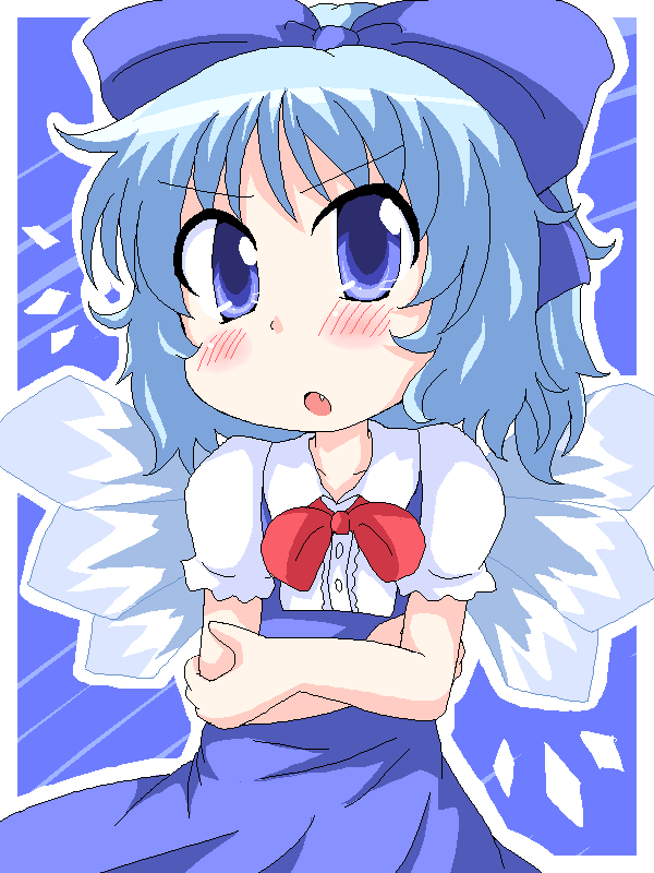 geetsu, cirno, embodiment of scarlet devil, touhou, 1girl, blush, crossed arms, dress, female focus, oekaki, solo