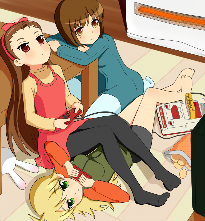 solar kaichuudentou, hagiwara yukiho, hoshii miki, minase iori, idolmaster, idolmaster (classic), idolmaster 1, 00s, 2girls, 3girls, ahoge, barefoot, blonde hair, brown eyes, brown hair, chips (food), controller, famicom, family computer, feet, food, game console, game controller, gamepad, green eyes, hairband, heater, lying, multiple girls, pantyhose, playing, playing games, potato chips, rabbit, red eyes, short hair, sitting, stuffed animal, stuffed rabbit, stuffed toy, table, video game, white pantyhose