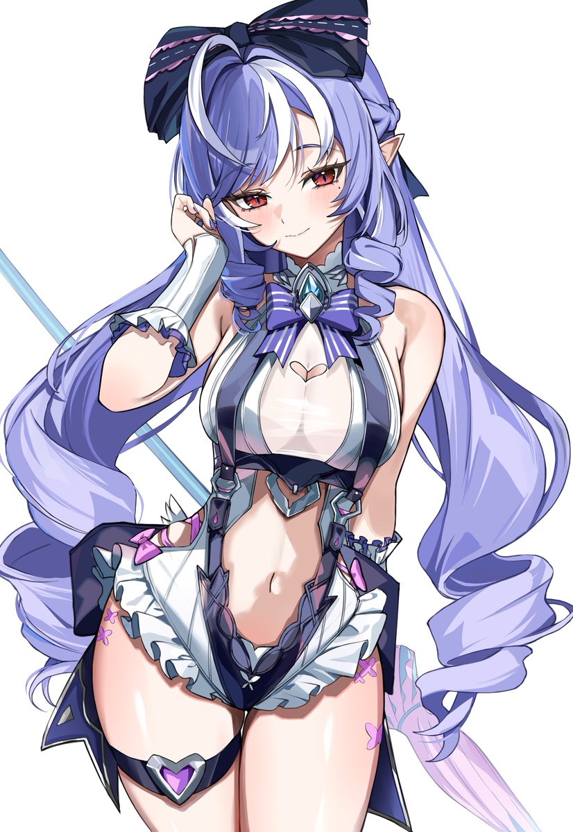 nemun (tamizzz), vivian banshee, vivian banshee (iris of the shore), zenless zone zero, commentary request, highres, 1girl, animal print, bare shoulders, black bow, blue gemstone, bow, bowtie, butterfly print, closed mouth, clothing cutout, drill hair, frilled one-piece swimsuit, frilled wrist cuffs, frills, gem, hair bow, hand in own hair, heart cutout, holding, holding behind back, holding umbrella, looking at viewer, mole, mole under eye, multicolored umbrella, official alternate costume, one-piece swimsuit, pink bow, pink umbrella, pointy ears, purple bow, purple bowtie, purple hair, purple nails, sideboob cutout, simple background, smile, solo, swimsuit, thigh strap, two-tone one-piece swimsuit, umbrella, white background, wrist cuffs