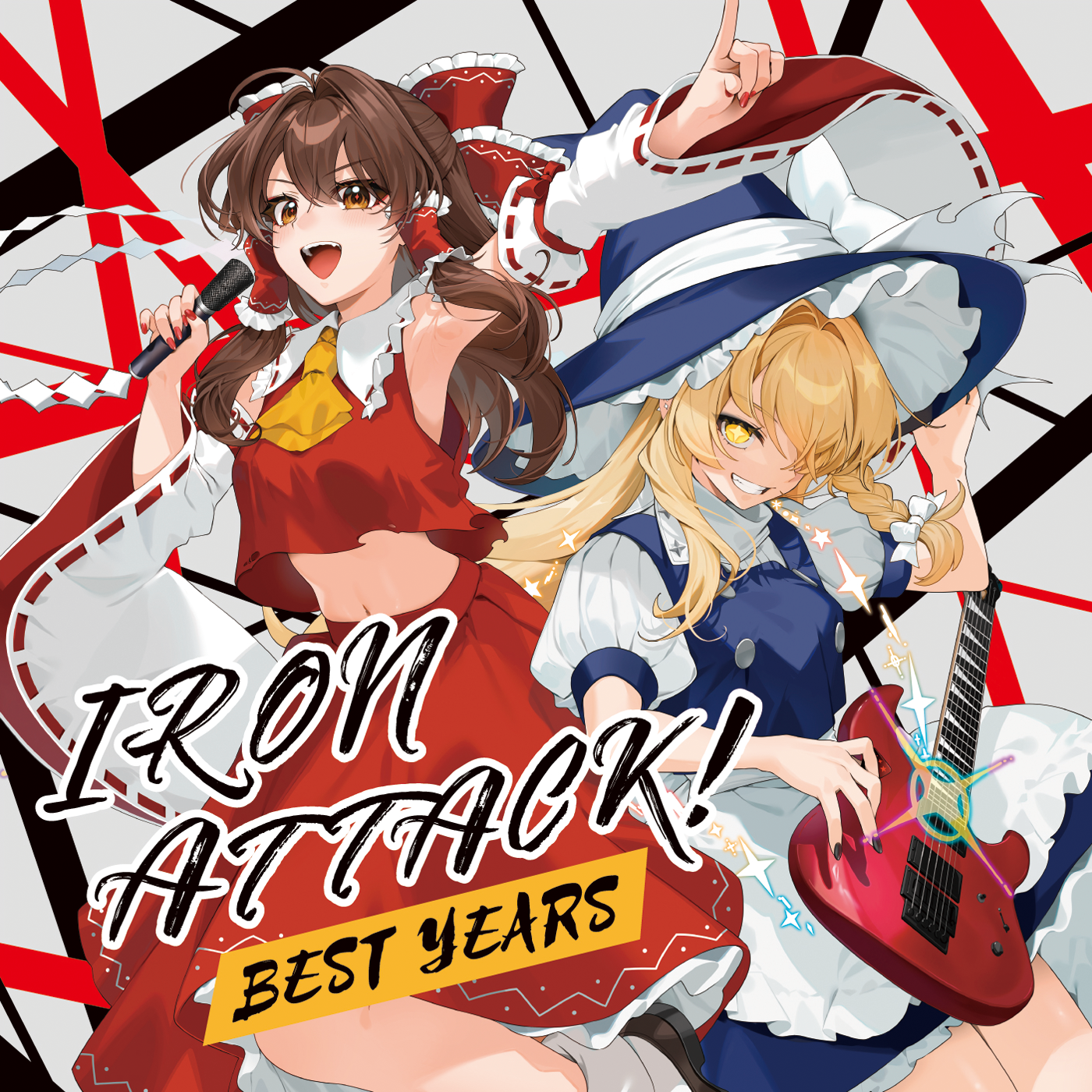 gotoh (nekocat), hakurei reimu, kirisame marisa, iron attack!, touhou, commentary request, highres, second-party source, 2girls, album cover, album name, apron, armpits, ascot, blonde hair, blue hat, blue skirt, blue vest, bow, braid, breasts, brown eyes, brown hair, circle name, cover, detached sleeves, english text, frilled bow, frilled hair tubes, frills, grin, guitar, hair bow, hair tubes, hat, hat bow, holding, holding microphone, holding plectrum, instrument, long hair, looking at viewer, microphone, midriff, multiple girls, music, navel, open mouth, playing guitar, playing instrument, plectrum, pointing, puffy short sleeves, puffy sleeves, purple nails, red bow, red nails, red skirt, ribbon-trimmed sleeves, ribbon trim, short sleeves, side braid, singing, single braid, skirt, skirt set, smile, socks, vest, white apron, white bow, white socks, witch hat, yellow ascot, yellow eyes