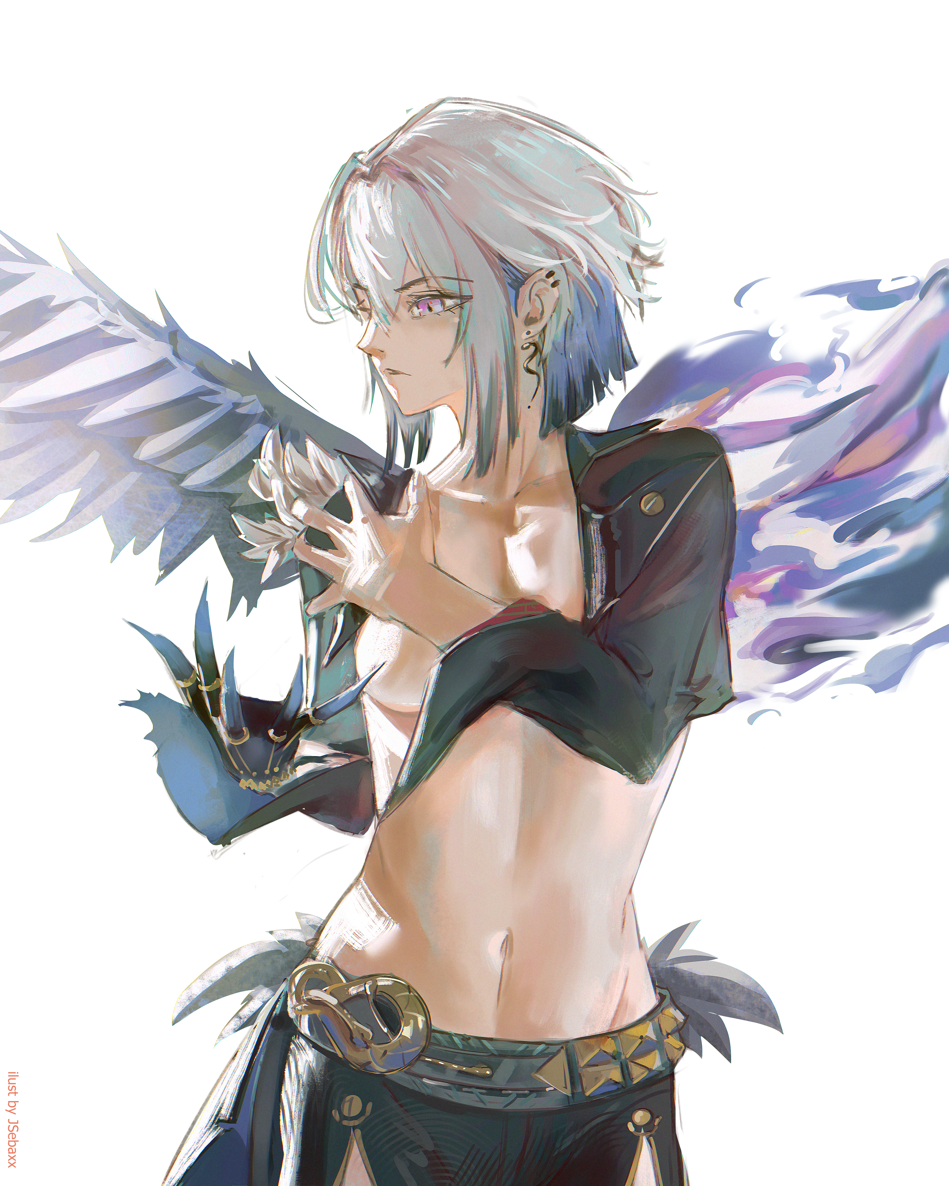 jsebaxx, galbrena (wuthering waves), wuthering waves, absurdres, commentary, highres, 1girl, artist name, asymmetrical wings, black shorts, blue hair, breasts, collarbone, earrings, grey hair, jacket, jewelry, medium breasts, medium hair, mismatched wings, mutation, navel, no bra, open clothes, open jacket, purple eyes, shorts, sidelocks, simple background, solo, stomach, white background, wings