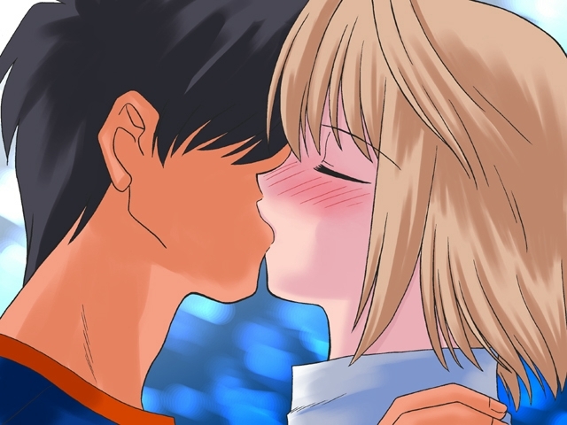 takeuchi takashi, arcueid brunestud, tohno shiki, tsukihime, game cg, 00s, 1boy, 1girl, black hair, blonde hair, blush, hetero, kiss, sweater